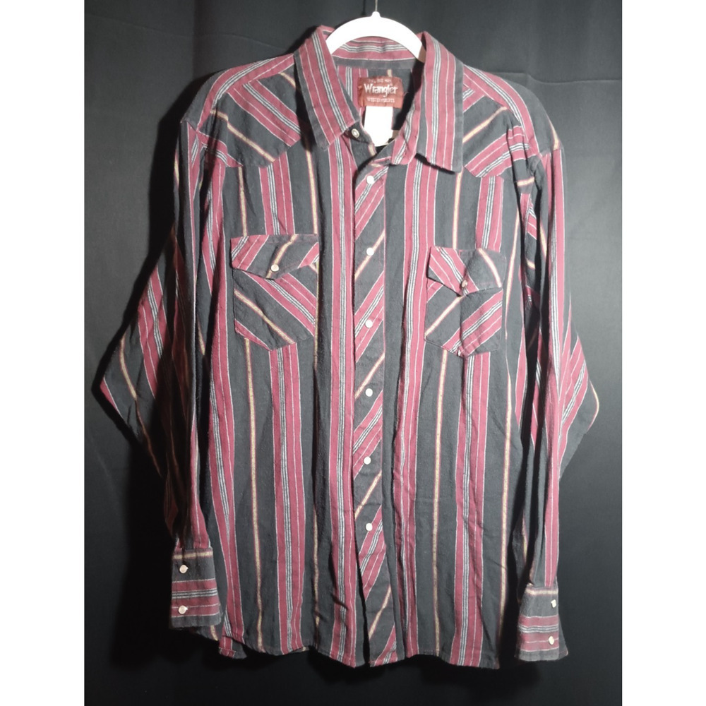 Wrangler Big Man 3XL Pearl Snap Red Black Striped Western Rodeo Long Sleeve
